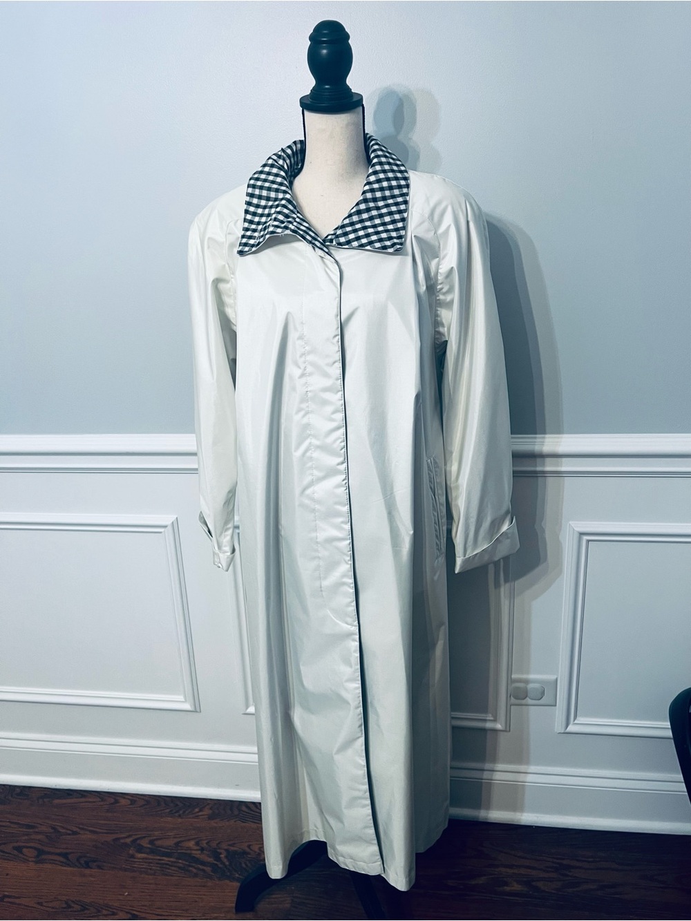J.Gallery Women’s Vintage Trench Coat White Gingham Collar Long 9/10